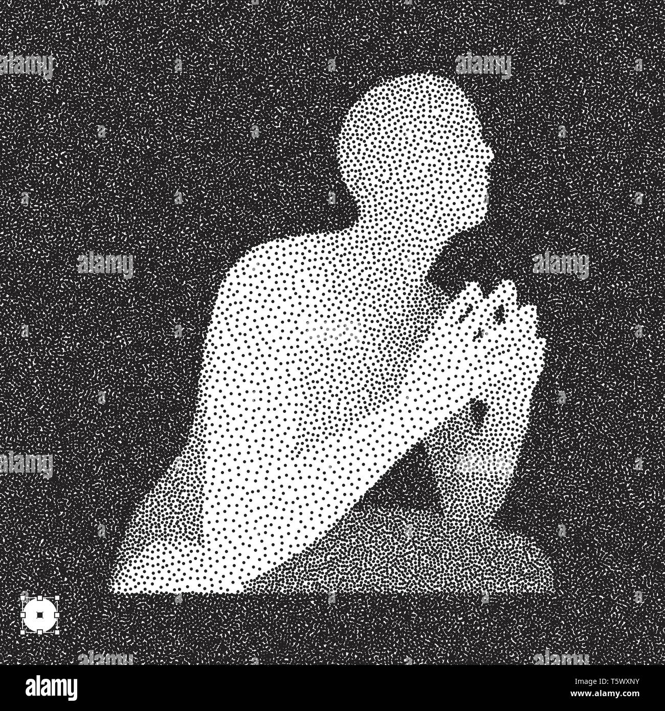 Sitzung Mann. 3D-Modell des Menschen. Schwarze und weiße körnig dotwork Design. Gepunktete Vector Illustration. Stock Vektor