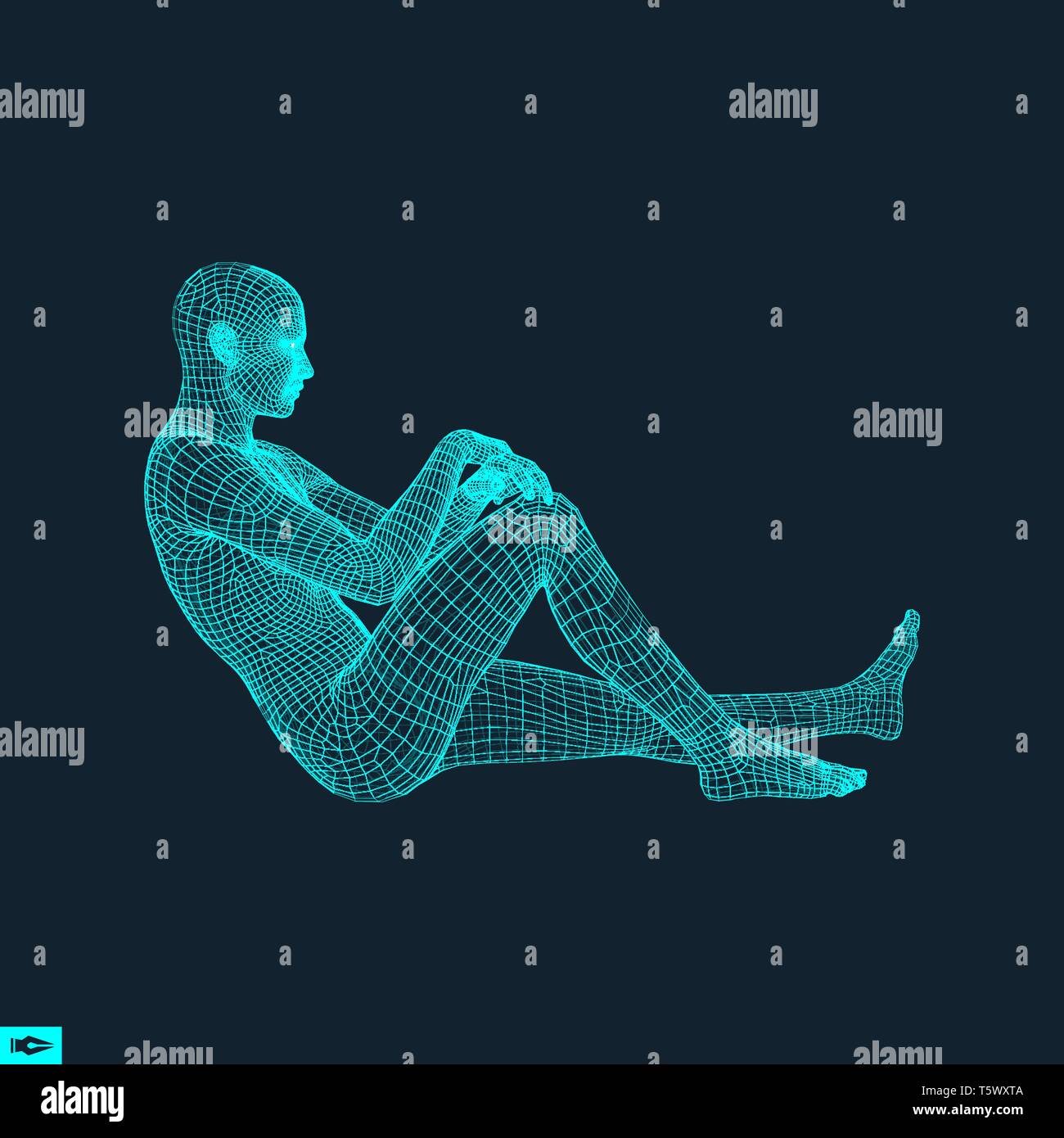 Mann in einem Denker darstellen. 3D-Modell des Menschen. Geometrischen Design. Menschliche Körper Kabel Modell. Wirtschaft, Wissenschaft, Psychologie oder Philosophie Vektor Illustration. Stock Vektor