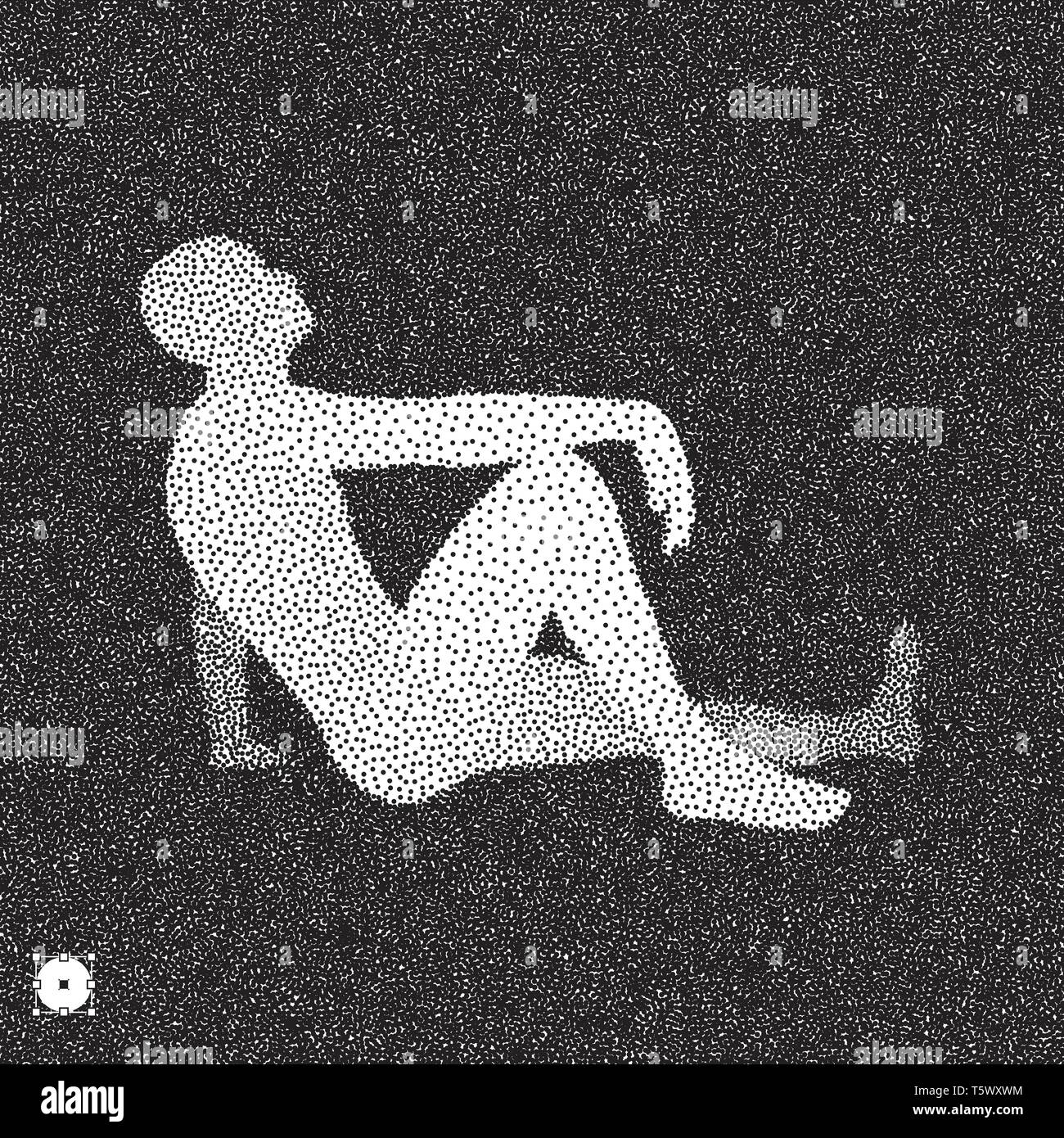Sitzung Mann. 3D-Modell des Menschen. Schwarze und weiße körnig dotwork Design. Gepunktete Vector Illustration. Stock Vektor