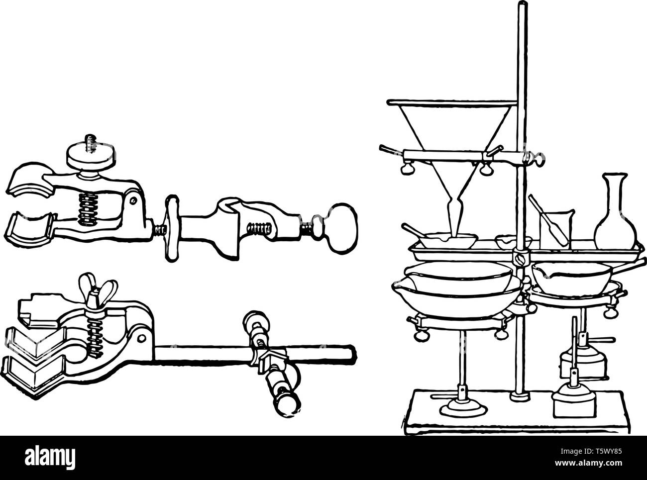 Das erste Bild ist von Klemmen in der Chemie Labs verwendet Reagenzgläser und andere Apparate halten, vintage Strichzeichnung oder Gravur Abbildung. Stock Vektor