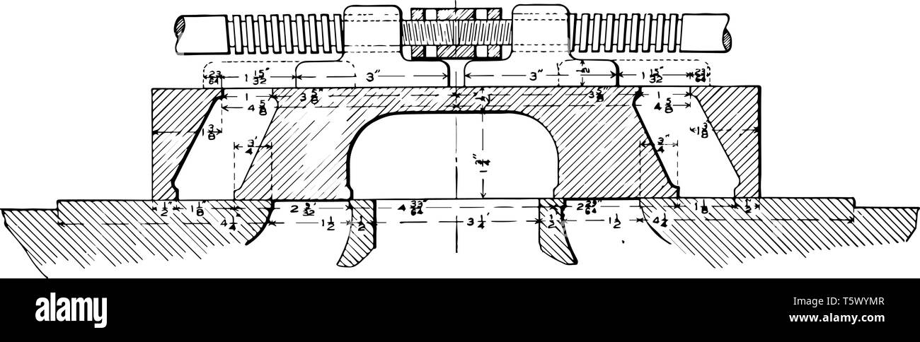 Diese Abbildung stellt Nahaufnahme der doppelten Handschiebeventil Zahnräder von Dampfmaschine vintage Strichzeichnung oder Gravur Abbildung. Stock Vektor