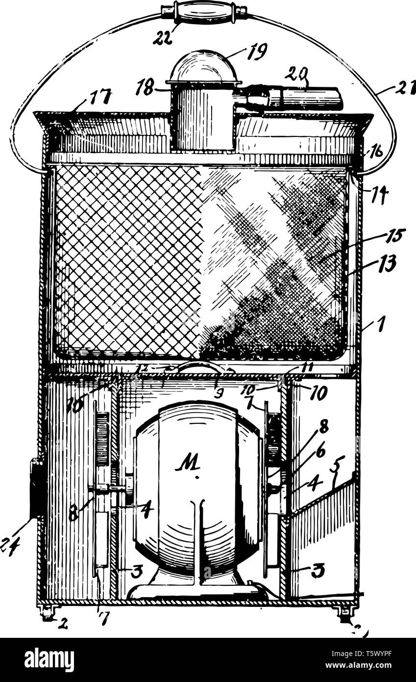 Staubsauger in der Abbildung dargestellte ist nicht zu elektrischen verwendet den Schmutz vintage Strichzeichnung oder Gravur Abbildung zu saugen. Stock Vektor