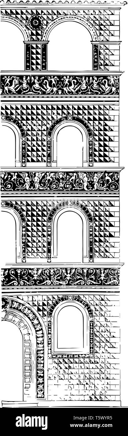 Fassade gemalt in Sgraffito in Rom die Wände und Decken des Innenraums mit gemeißelten Figuren dekoriert die Wohnung räumen zwischen den Windows vinta Stock Vektor