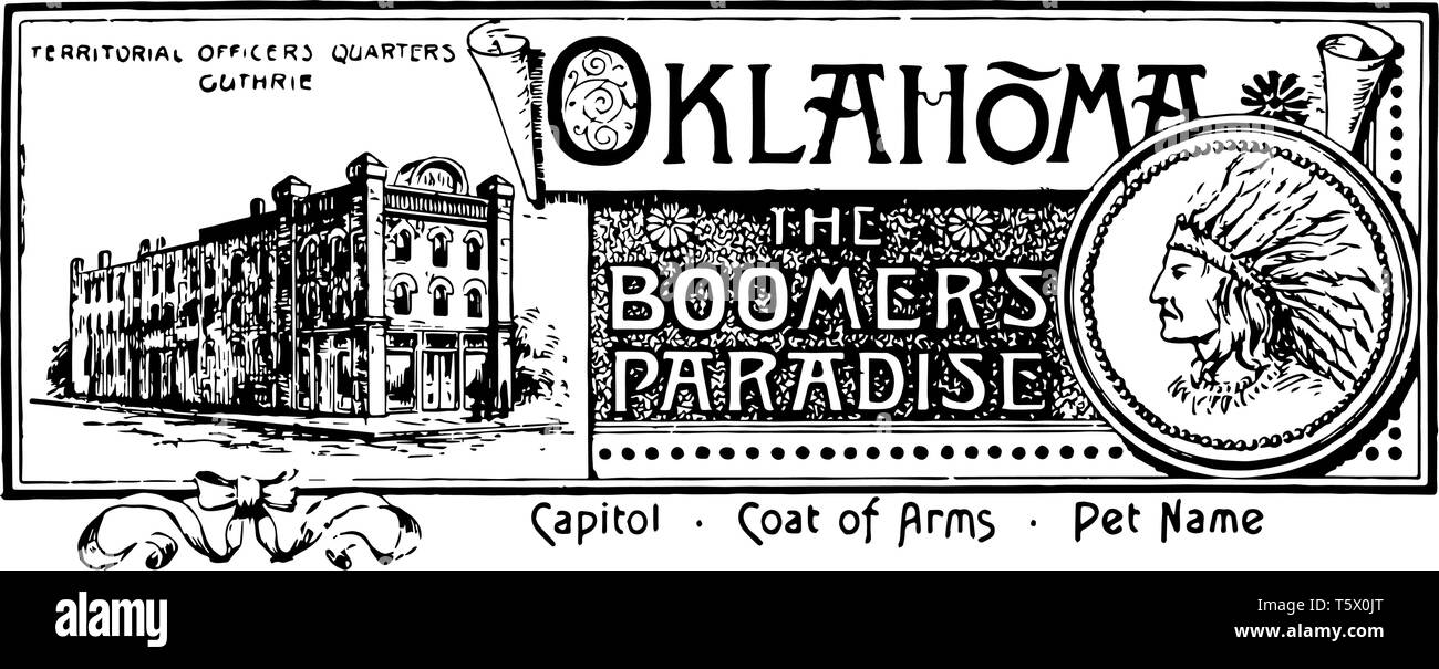 Der Staat Fahne von Oklahoma es territoriale Offiziere Viertel Guthrie in Linke Seite Rechte Seite hat einen amerikanischen Indisches Gesicht im Kreis und mittleren Abdeckungen Stock Vektor