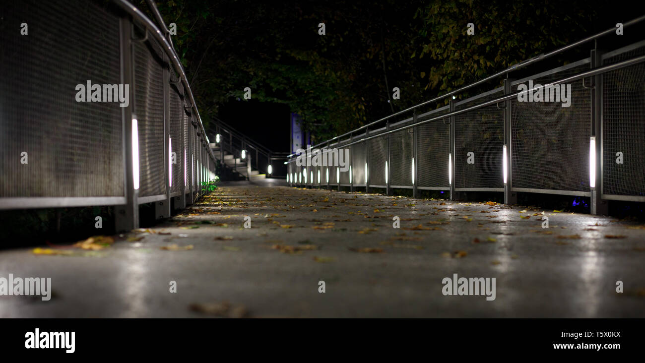 Schöne helle Punkte auf einer kleinen Brücke in Graz bei Nacht mit einigen Laub im Herbst Stockfoto