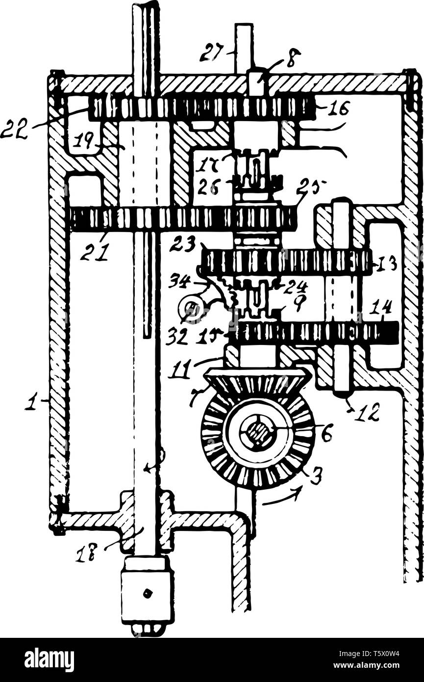 Diese Abbildung stellt die mechanische Getriebe, die eine rotierende Maschine Teil in Zähne vintage Strichzeichnung oder Gravur Abbildung schneiden. Stock Vektor
