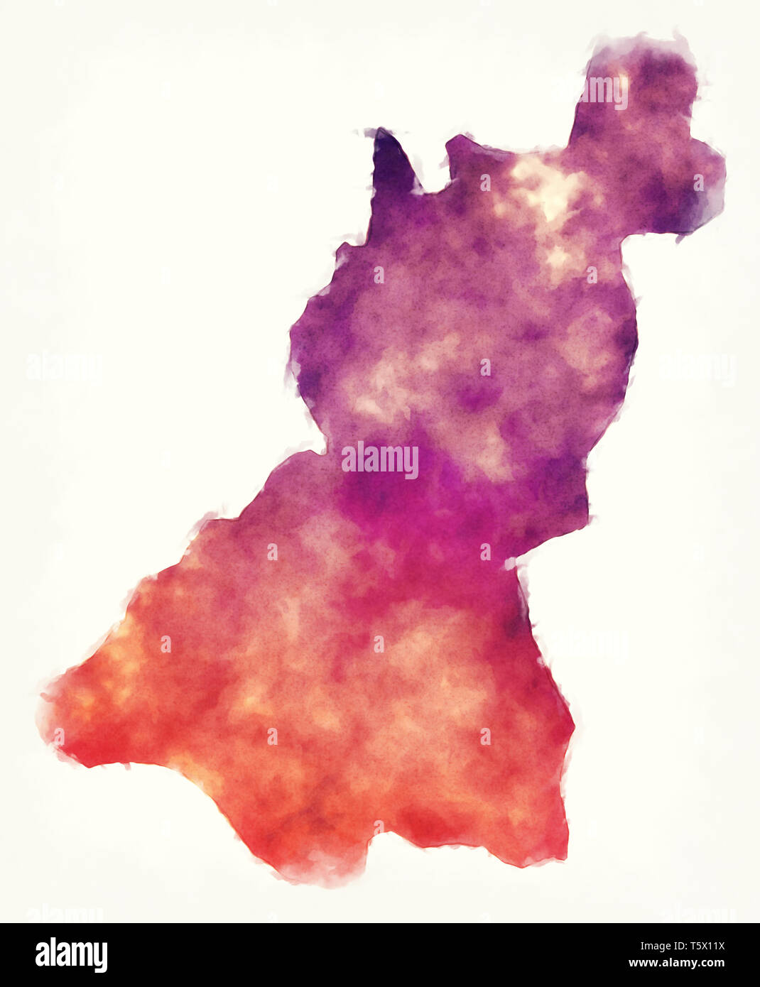 Wangdue Phodrang Bezirk aquarell Karte von Bhutan Stockfoto