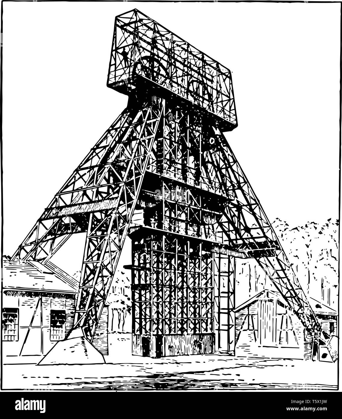 Diese Abbildung stellt die deutsche Stahlindustrie Bergbau Kopfbedeckungen Hoist Turm vintage Strichzeichnung oder Gravur Abbildung. Stock Vektor