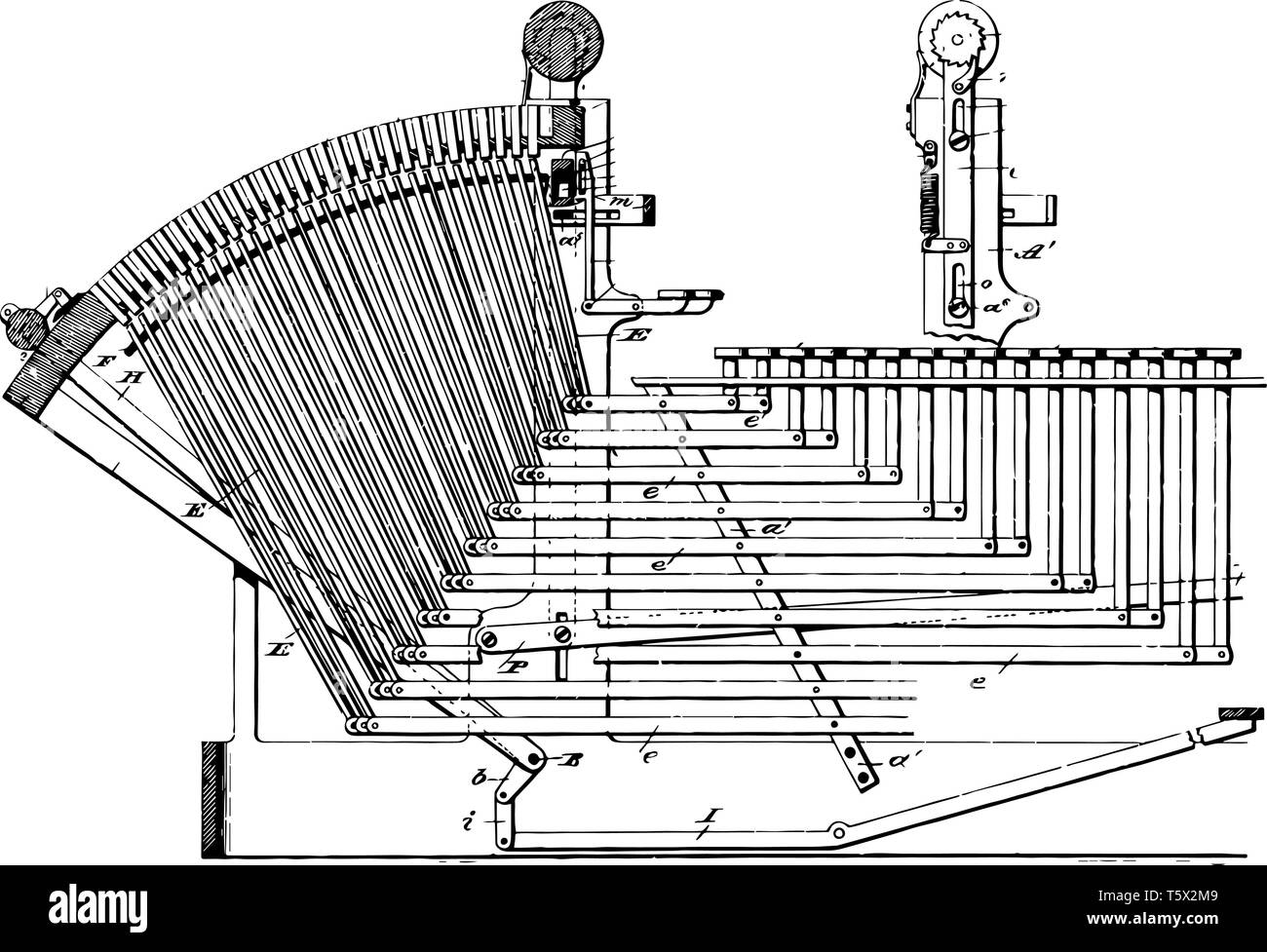 Diese Abbildung stellt die Linotype Maschine ist eine Linie, die gießmaschine in Drucken vintage Strichzeichnung oder Gravur Abbildung verwendet. Stock Vektor