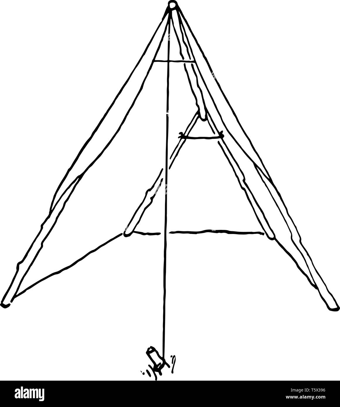 Dieses Bild sehen aus wie eine kleine Halterung Zelt & durch Bambus und Stoff. Es sieht aus wie Dreieck vintage Strichzeichnung oder Gravur Abbildung. Stock Vektor