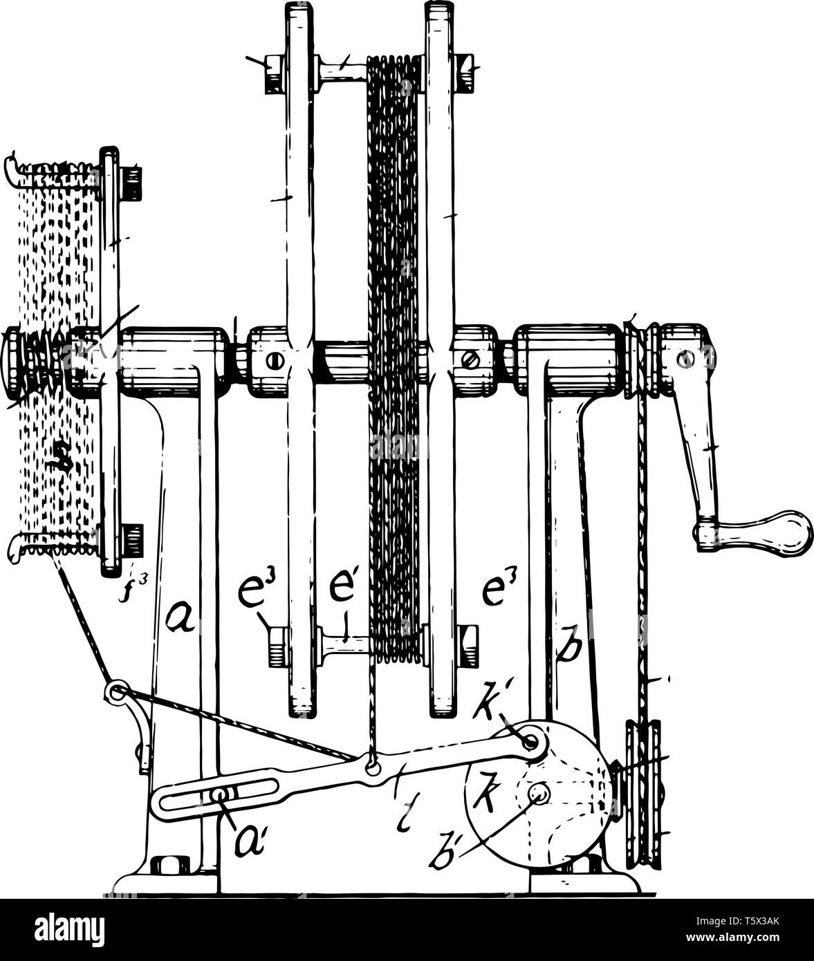 Diese Abbildung stellt bedeutende Funktion Zurückspulen Netzkabel Maschine vintage Strichzeichnung oder Gravur Abbildung. Stock Vektor