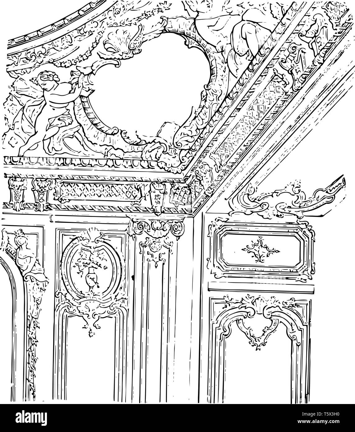 Salon im Schloss von Versailles gestaltete Decke mansion Architektur zimmer Versailles Wanddekoration vintage Strichzeichnung oder Gravur illustrati Stock Vektor