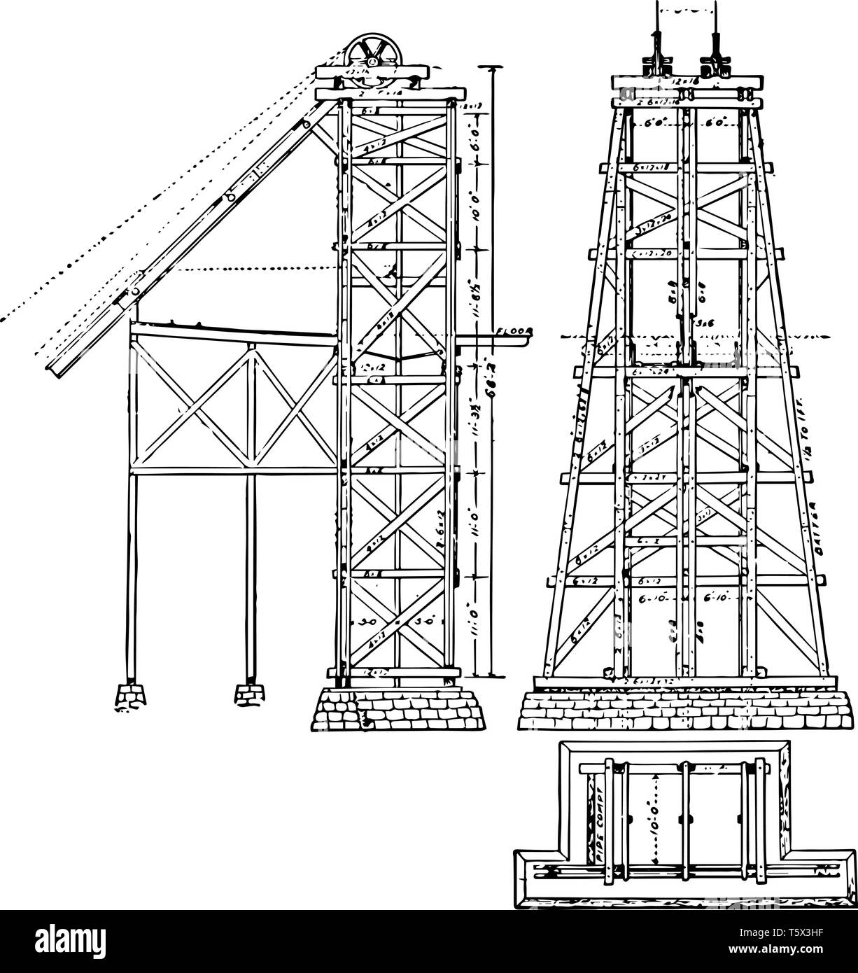 Bergbau Kopfbedeckungen Hoist Tower ist ein Holz oder Stahl Rahmen tragen heben Seile Förderturm hoist frame Grube frame shafthead Frame vintage Zeichnung Stock Vektor