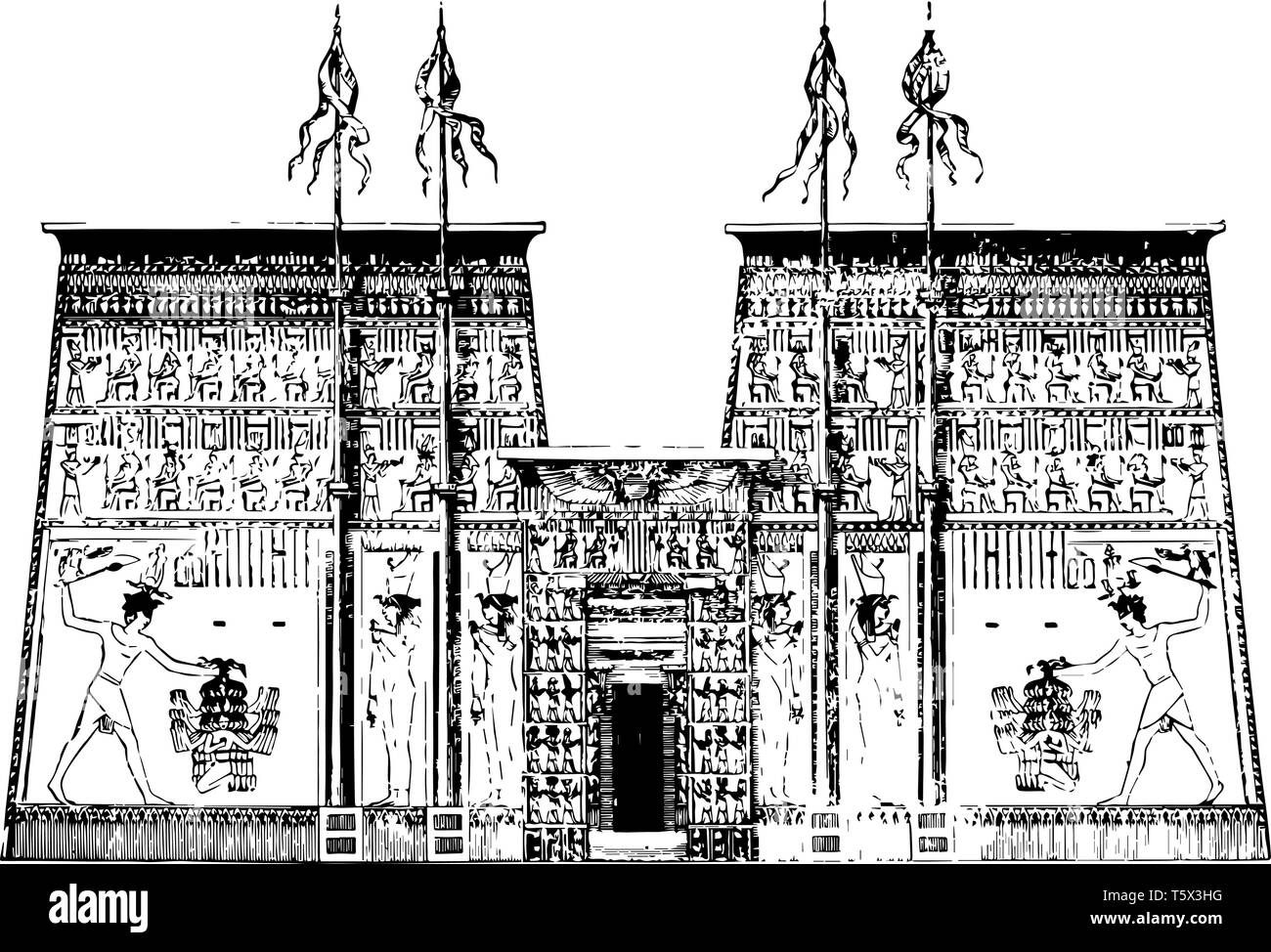 Pylon des Tempels von Edfu Architektur Ägypten Fassade Stein vintage Strichzeichnung oder Gravur Abbildung. Stock Vektor