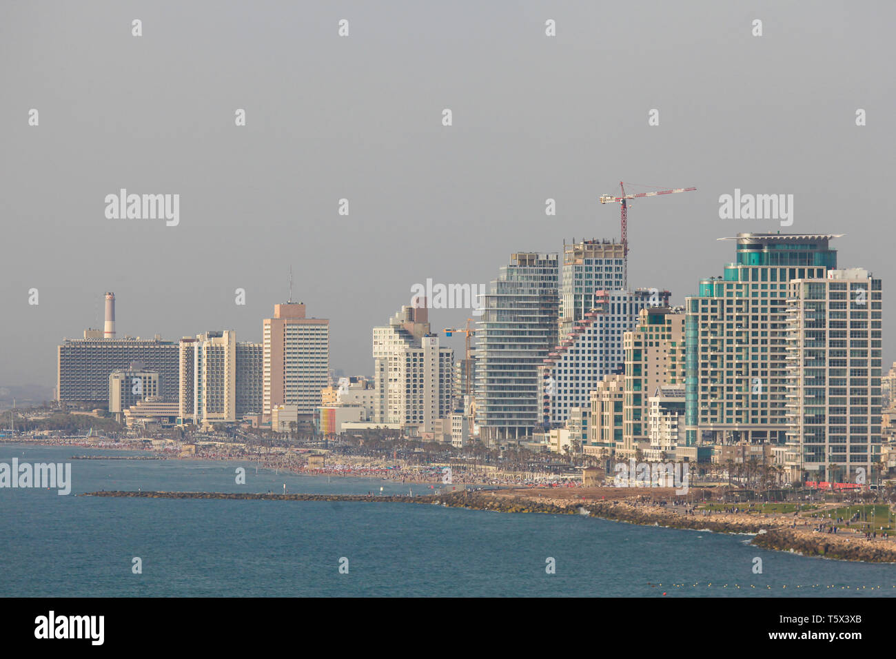 Blick auf die Skyline von Tel Aviv, Israel, an der Mittelmeerküste von Jaffa gesehen Stockfoto