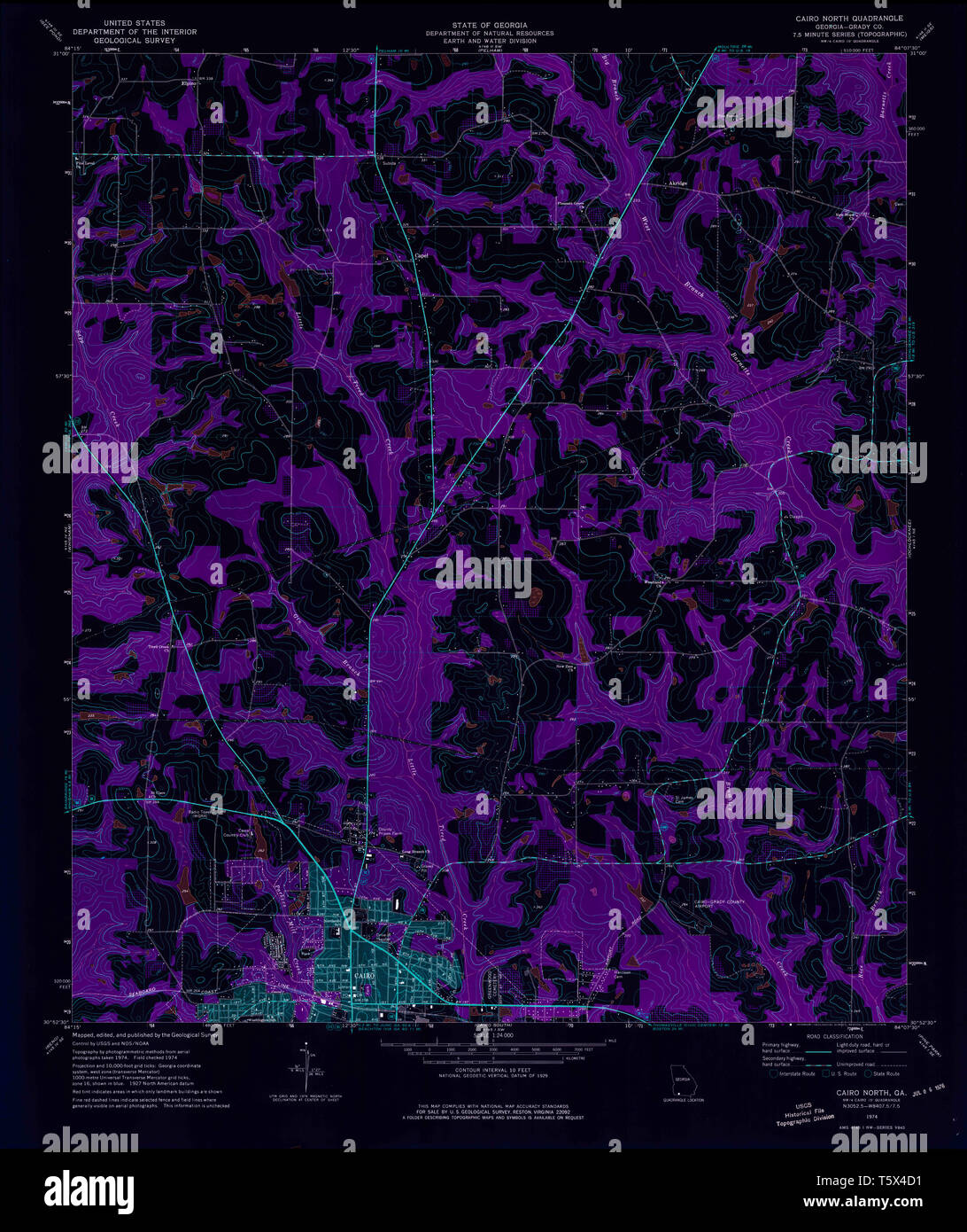 USGS TOPO Karte Georgia ga Kairo Norden 245201 1974 24000 invertiert Wiederherstellung Stockfoto