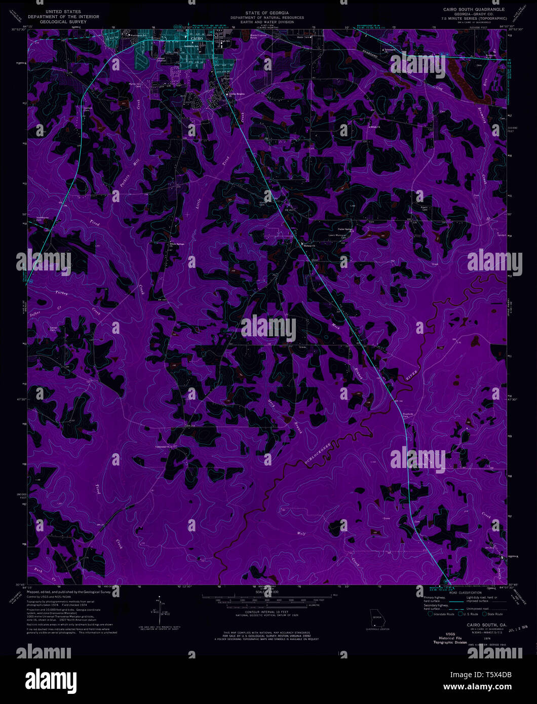 USGS TOPO Karte Georgia ga Kairo Süden245202 1974 24000 invertiert Wiederherstellung Stockfoto
