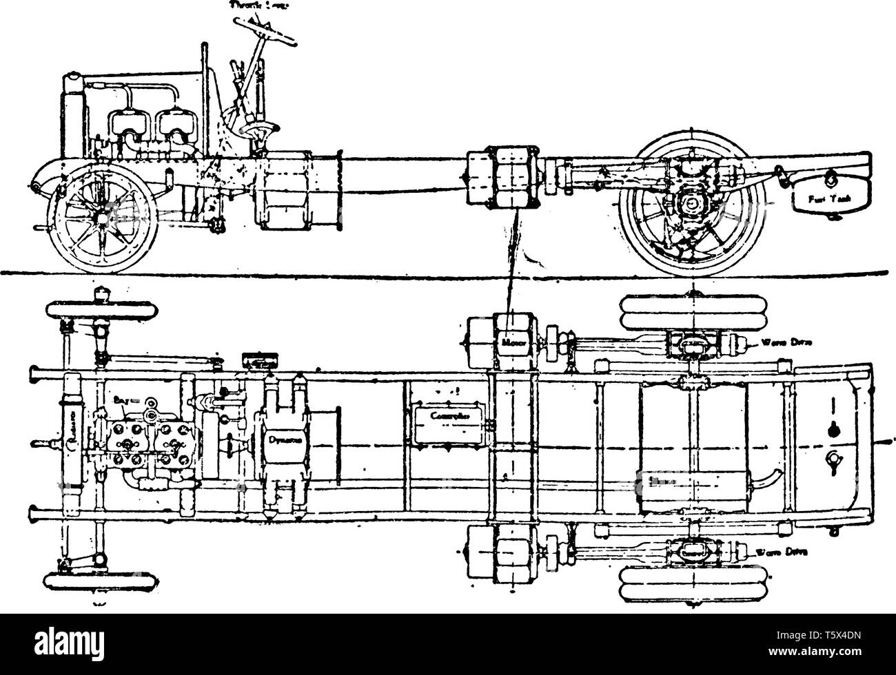 Diese Abbildung stellt hallford Stevens Benzin Elektrofahrzeug Chassis mit zwei Motoren, vintage Strichzeichnung oder Gravur Abbildung. Stock Vektor