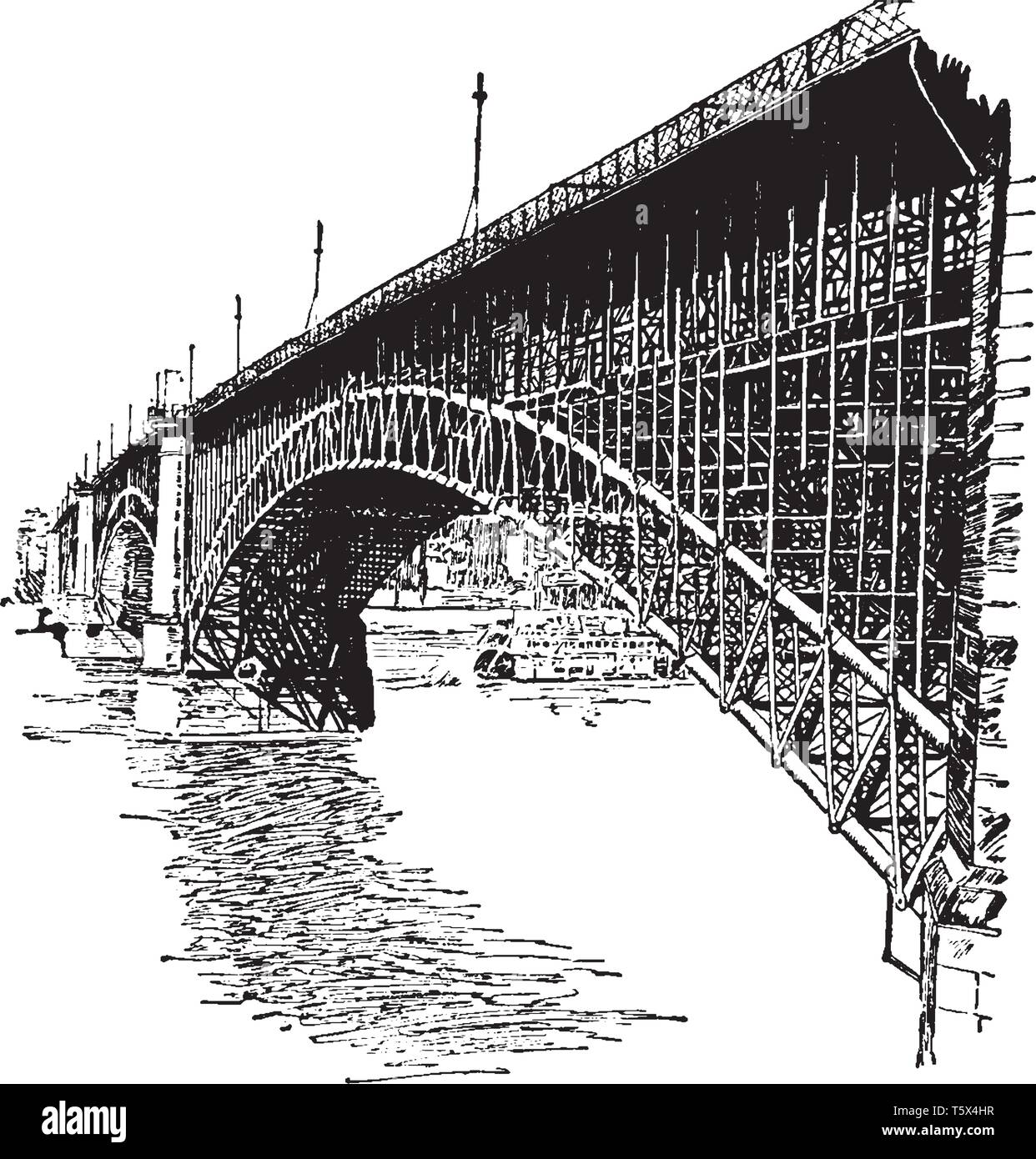 Eads Bridge errichtet 1874 und kostete rund eine Million Dollar, die Kreuze über dem Mississippi in St. Louis, vintage Strichzeichnung oder Gravur il Stock Vektor