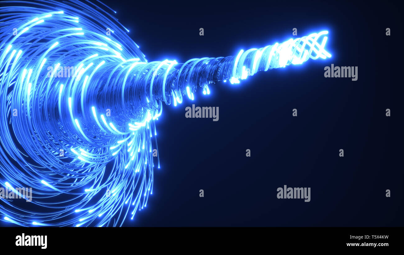 Blau Lichtwellenleiter Wirbel. Glas strings leuchten im Dunkeln. 3D-Darstellung Stockfoto