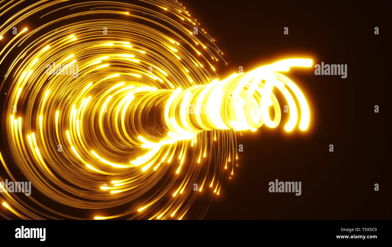 Gelbe Lichtwellenleiter Wirbel. Glas strings leuchten im Dunkeln. 3D-Darstellung Stockfoto
