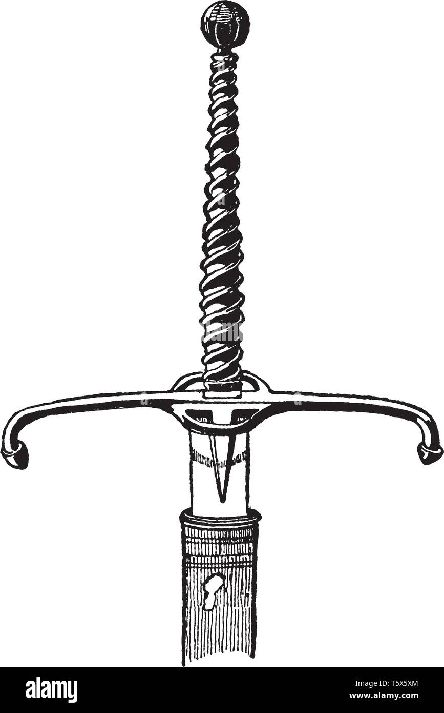 Claymore mit einer Hand eingesetzt und ähnelt der kürassiere Säbel des siebzehnten Jahrhunderts in England, vintage Strichzeichnung oder Gravur Stock Vektor