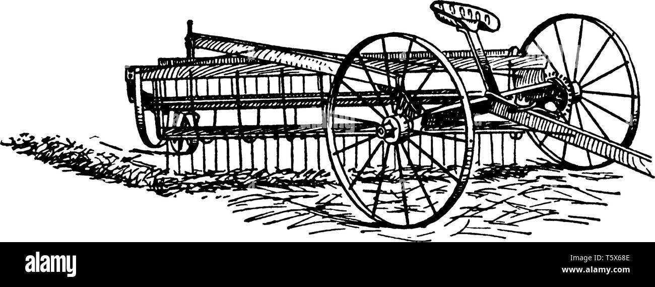 Seite Lieferung Rake ist ein Pferd Rechen, in denen der Rake zwischen der Achse der beiden Räder und eine dritte oder Laufrad schleppend am e ausgesetzt ist, Stock Vektor