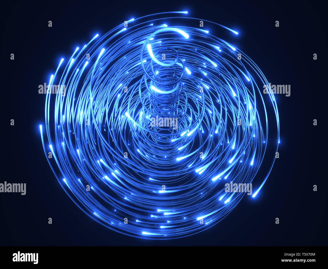 Blau Lichtwellenleiter Wirbel. Glas strings leuchten im Dunkeln. 3D-Darstellung Stockfoto