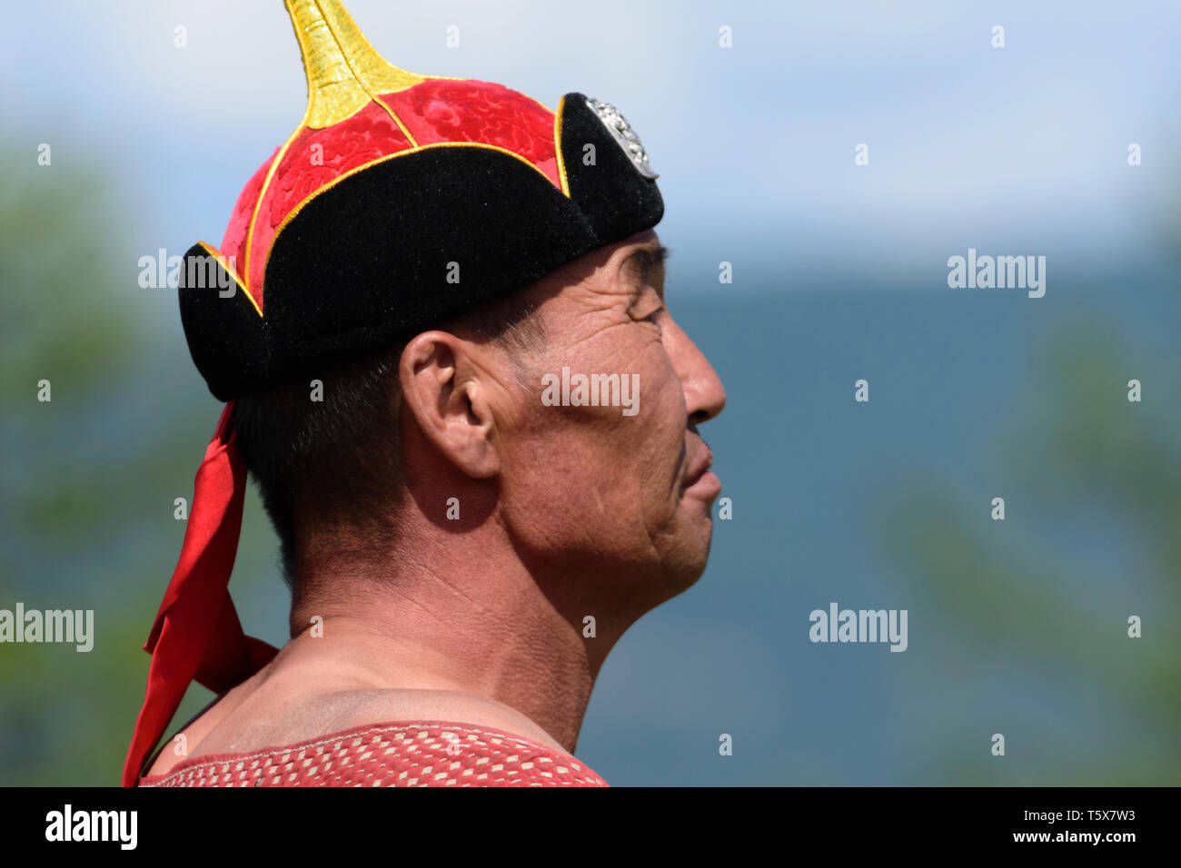 Naadam Festival in Khatgal, Mongolei. Wrestler Stockfoto