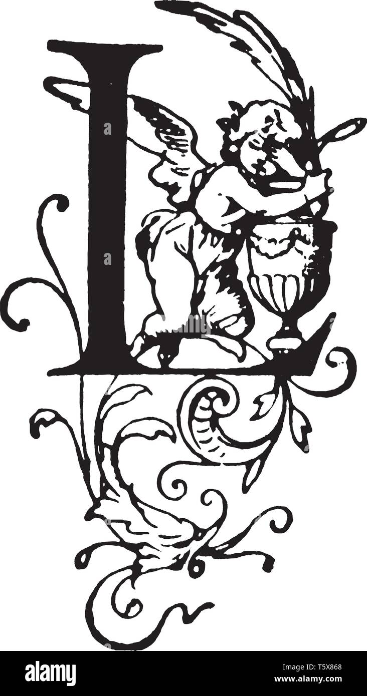 Eine ornamentale Großbuchstabe l mit Baby Engel, vintage Strichzeichnung oder Gravur Abbildung Stock Vektor