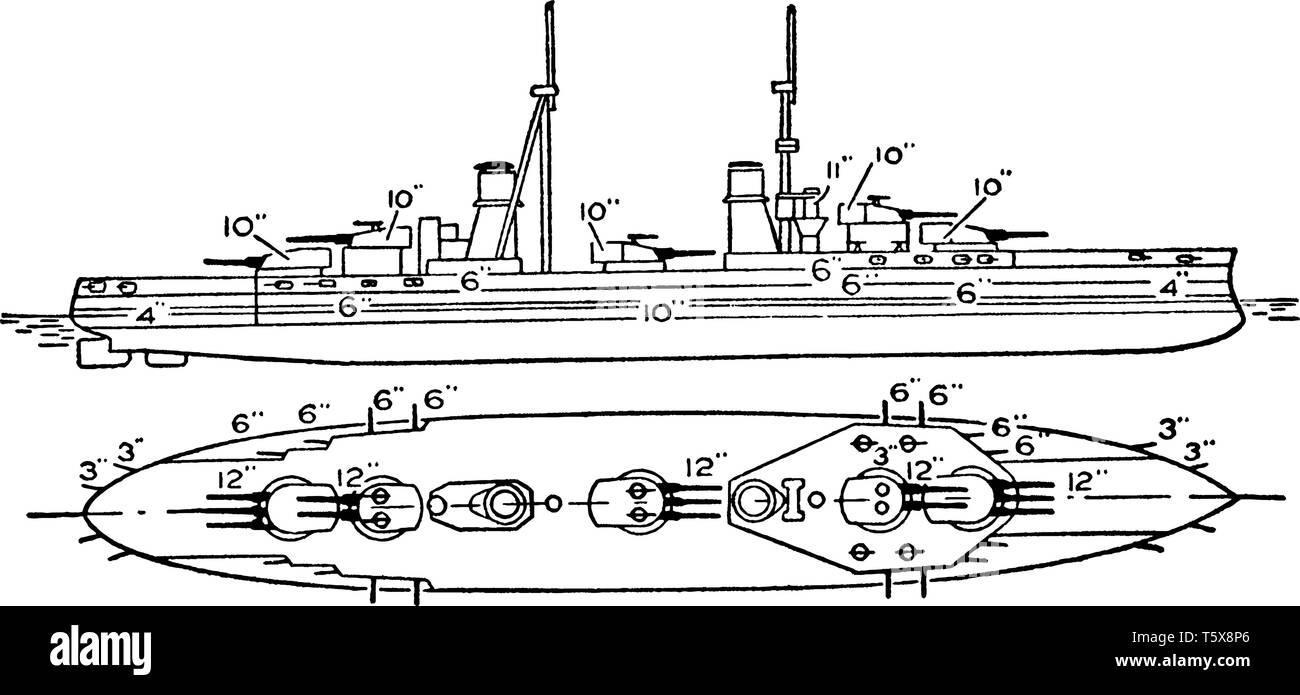 Caio Duilio Schlachtschiff der italienischen Kriegsmarine, die während des Zweiten Weltkrieges benutzt wurde I und II, vintage Strichzeichnung oder Gravur Abbildung. Stock Vektor