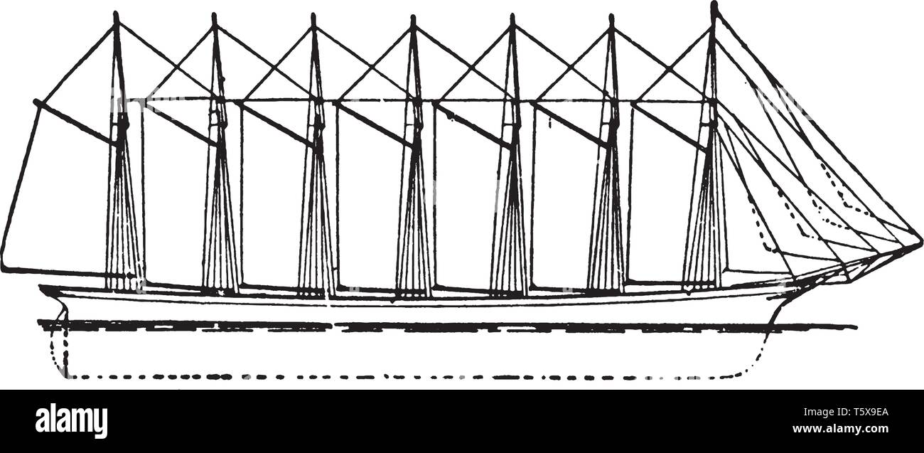 Vorwärts- und Rückwärtseinstellung sieben gemeistert Schoner Segelschiff, vintage Strichzeichnung oder Gravur Abbildung. Stock Vektor