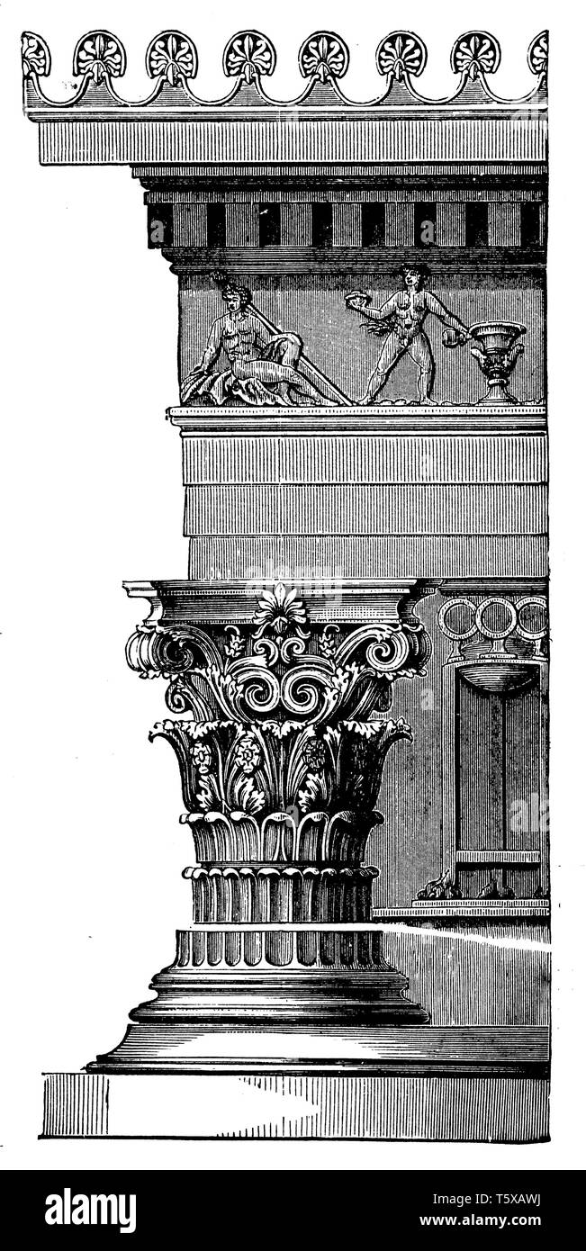 Spalte und Truss vom Denkmal des Lysikrat in Athen (Korinthische Ordnung), Stockfoto