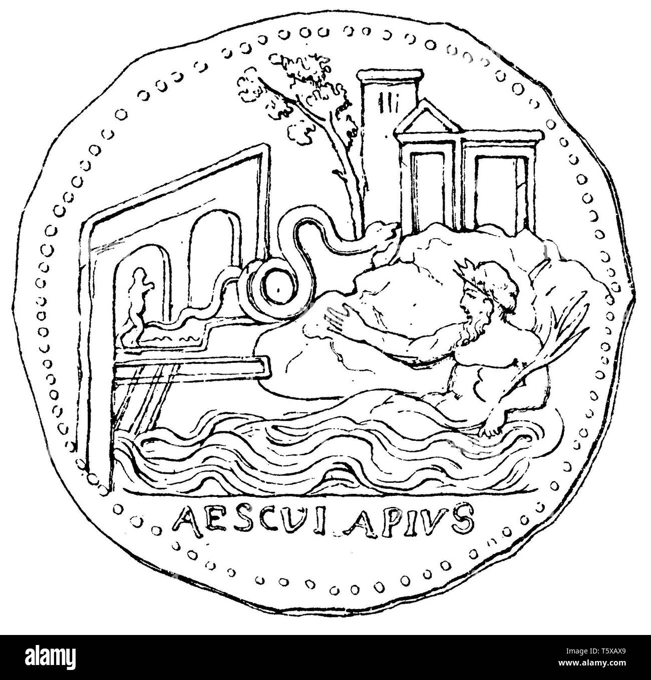 Der Aesculap in Rom. Darstellung auf die Bronze Medaille der tommodus, Stockfoto
