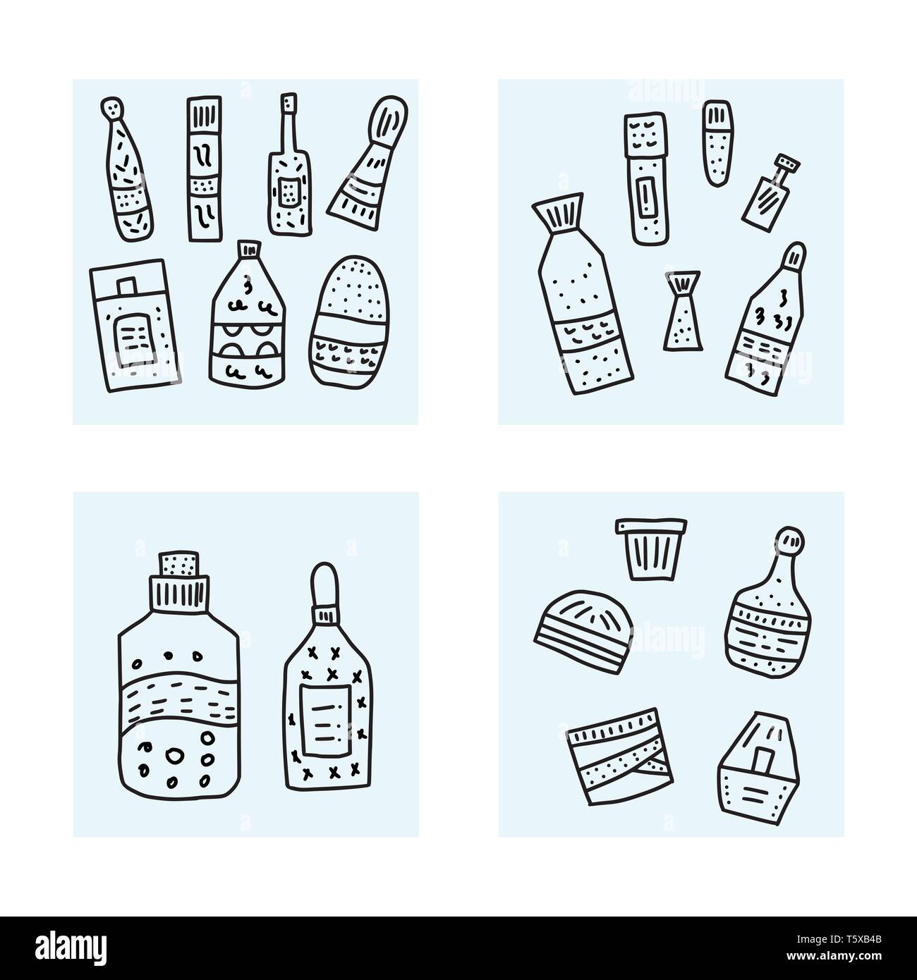 Satz von Schönheit. Hygiene Fläschchen, Röhrchen und Pakete. Vector Illustration. Stock Vektor