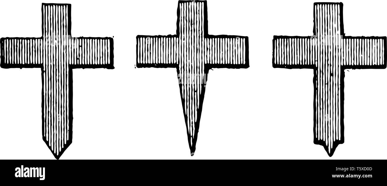 Kreuz Fitchy Gules haben unterschiedliche Formen des Kreuzes Fitchy Gules, vintage Strichzeichnung oder Gravur Abbildung. Stock Vektor