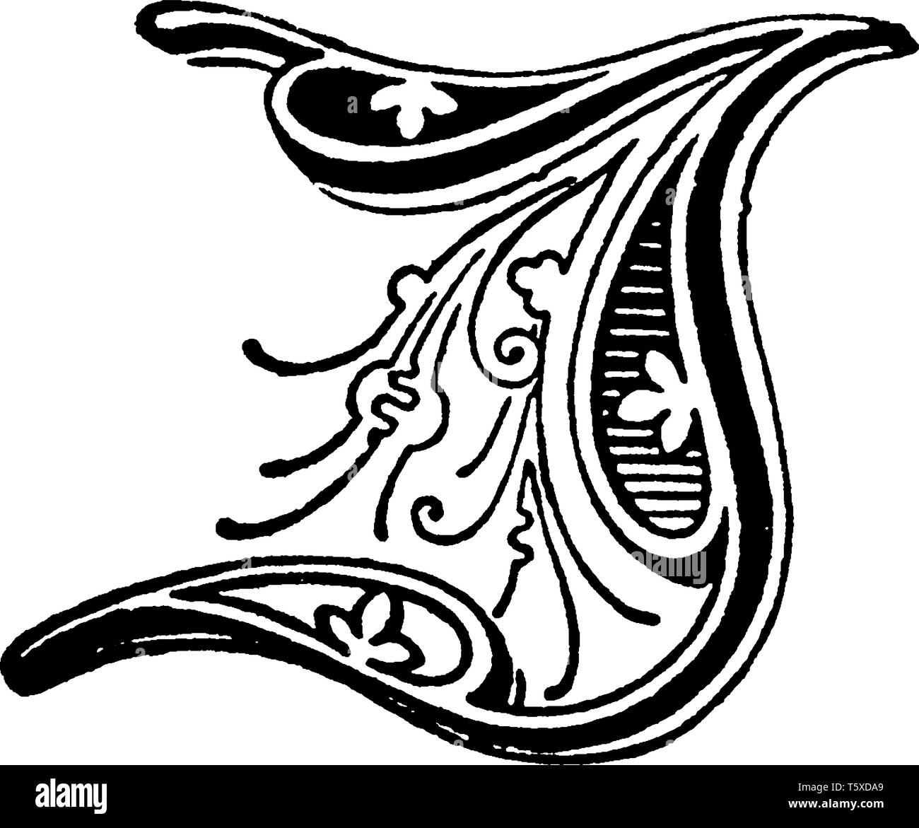 Ein dekorativer Brief, den ich mit Blumen und Linien, vintage Strichzeichnung oder Gravur Abbildung Stock Vektor