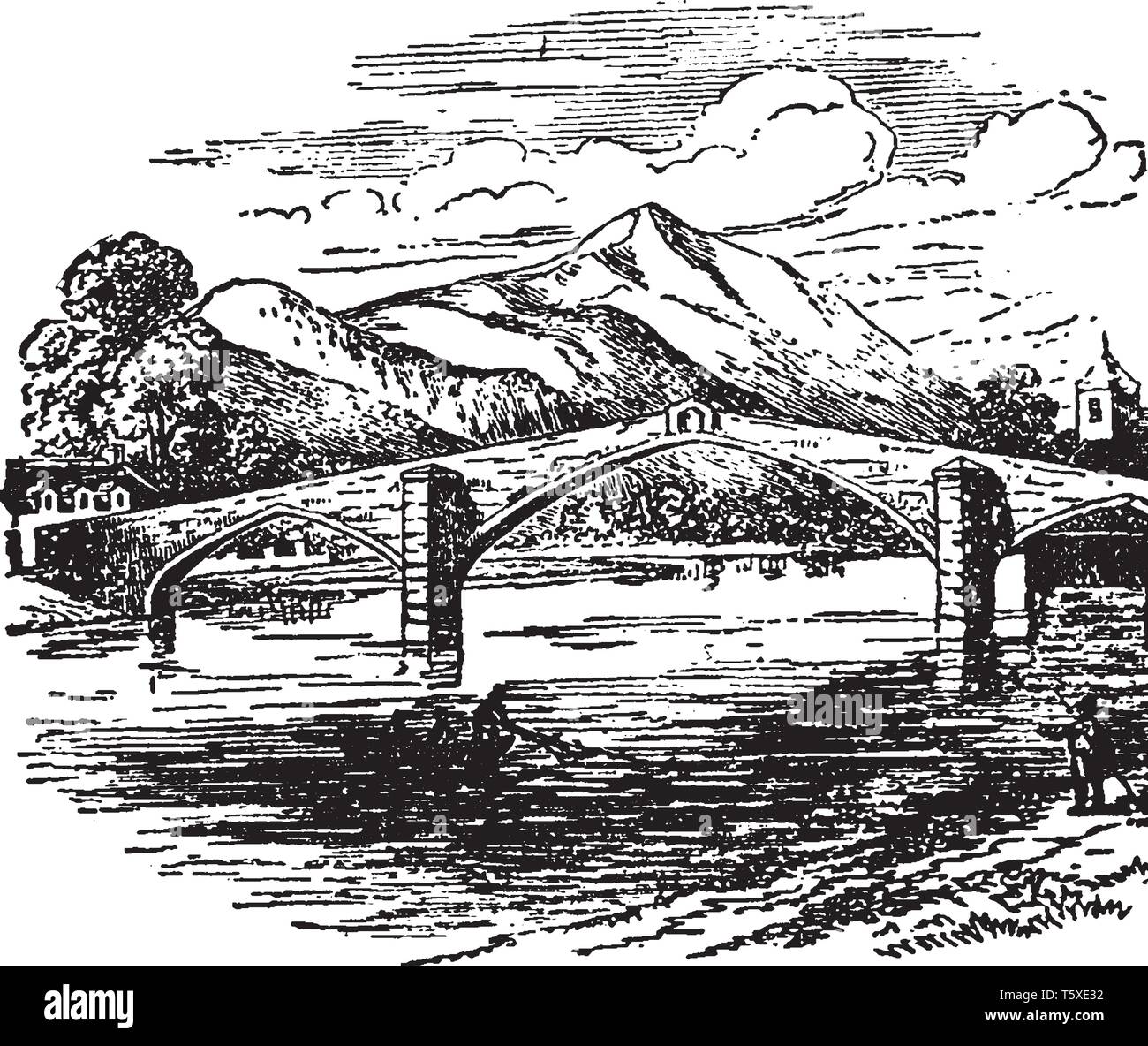 Trefriw Brücke, die von Inigo Jones im Jahre 1634 eingerichtet wurde, vintage Strichzeichnung oder Gravur Abbildung. Stock Vektor