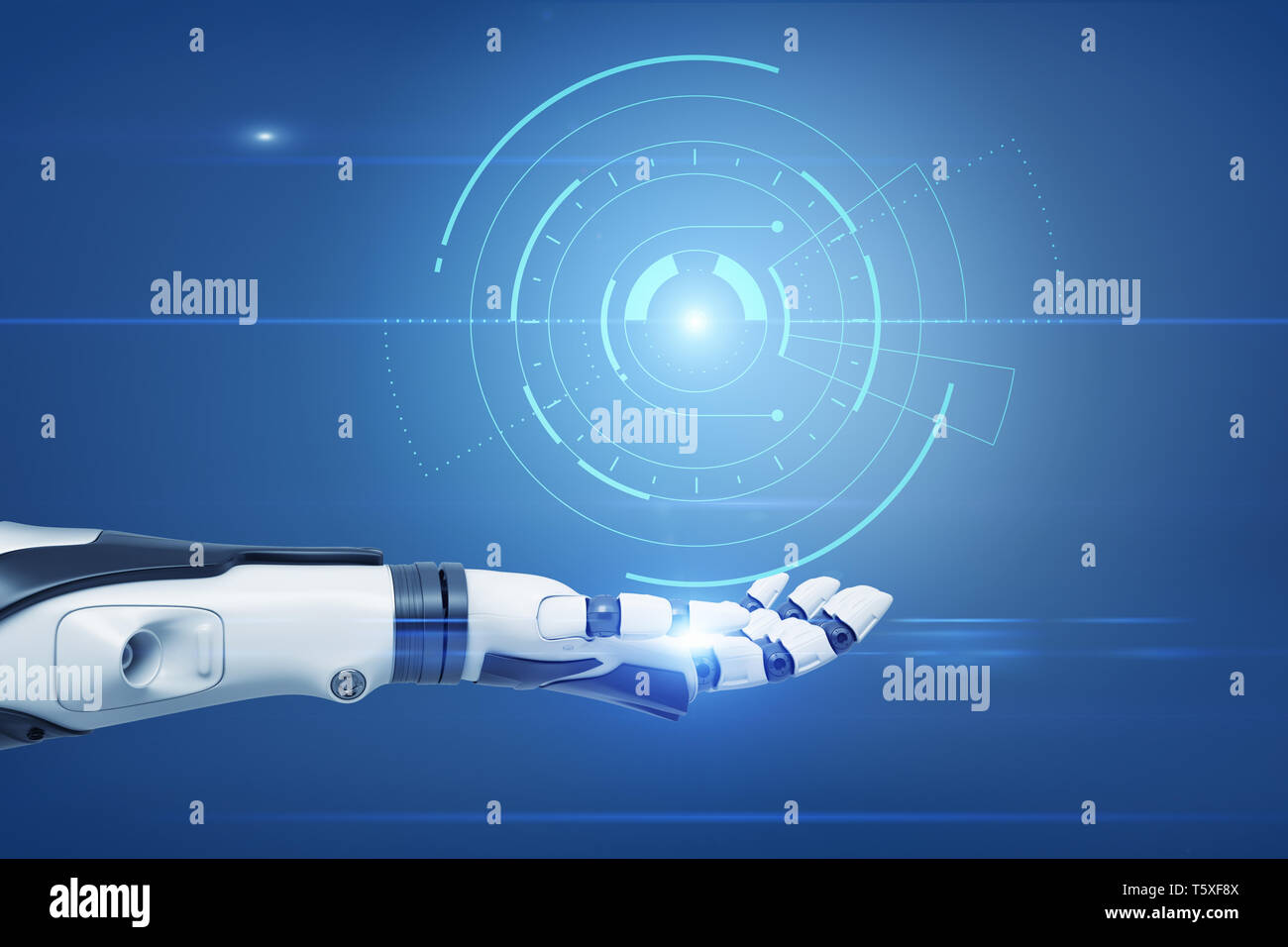 Eine ausgestreckte Roboterhand mit einem digitalen semi-klare Kreis Diagramm über es schweben. Stockfoto