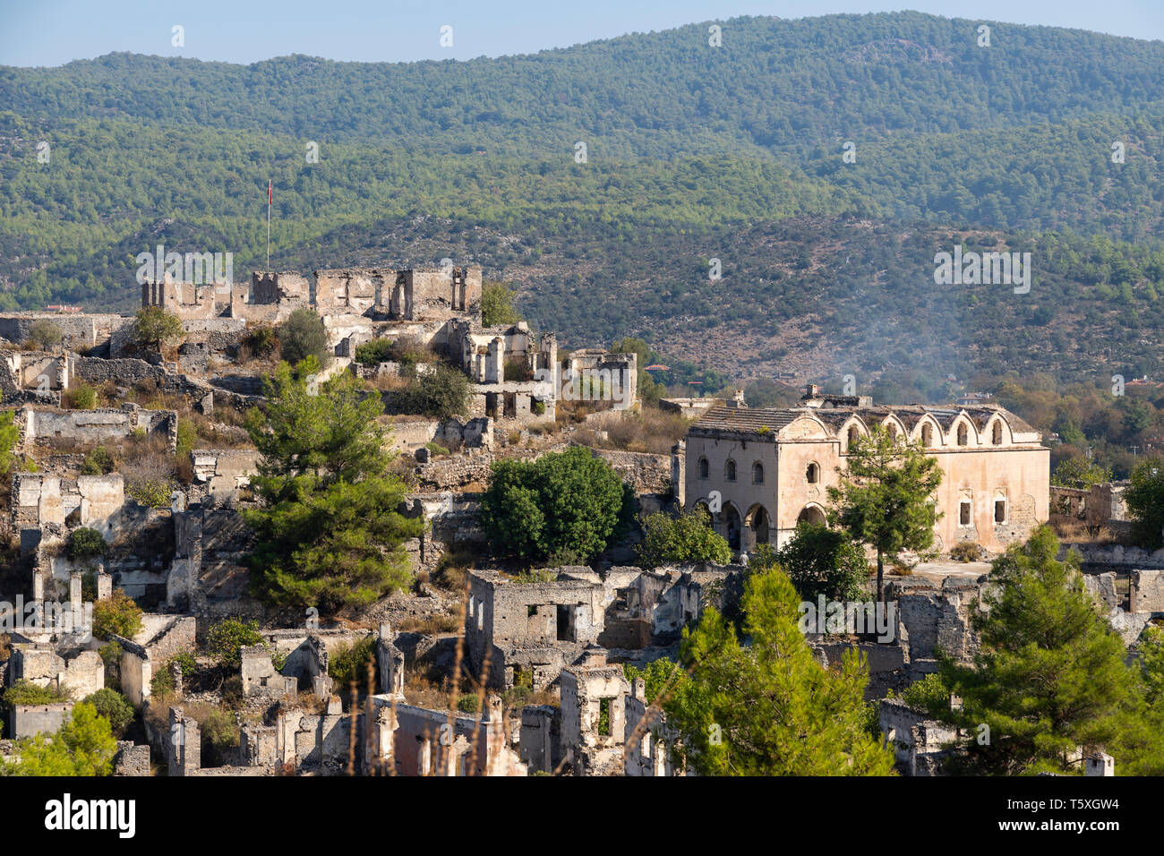 Die Türkei, Fethiye, Kayakoy (Mugla) Ghost Town, eine ehemalige griechische Kolonie und jetzt eine verlassene Stadt und Open Air Museum Stockfoto