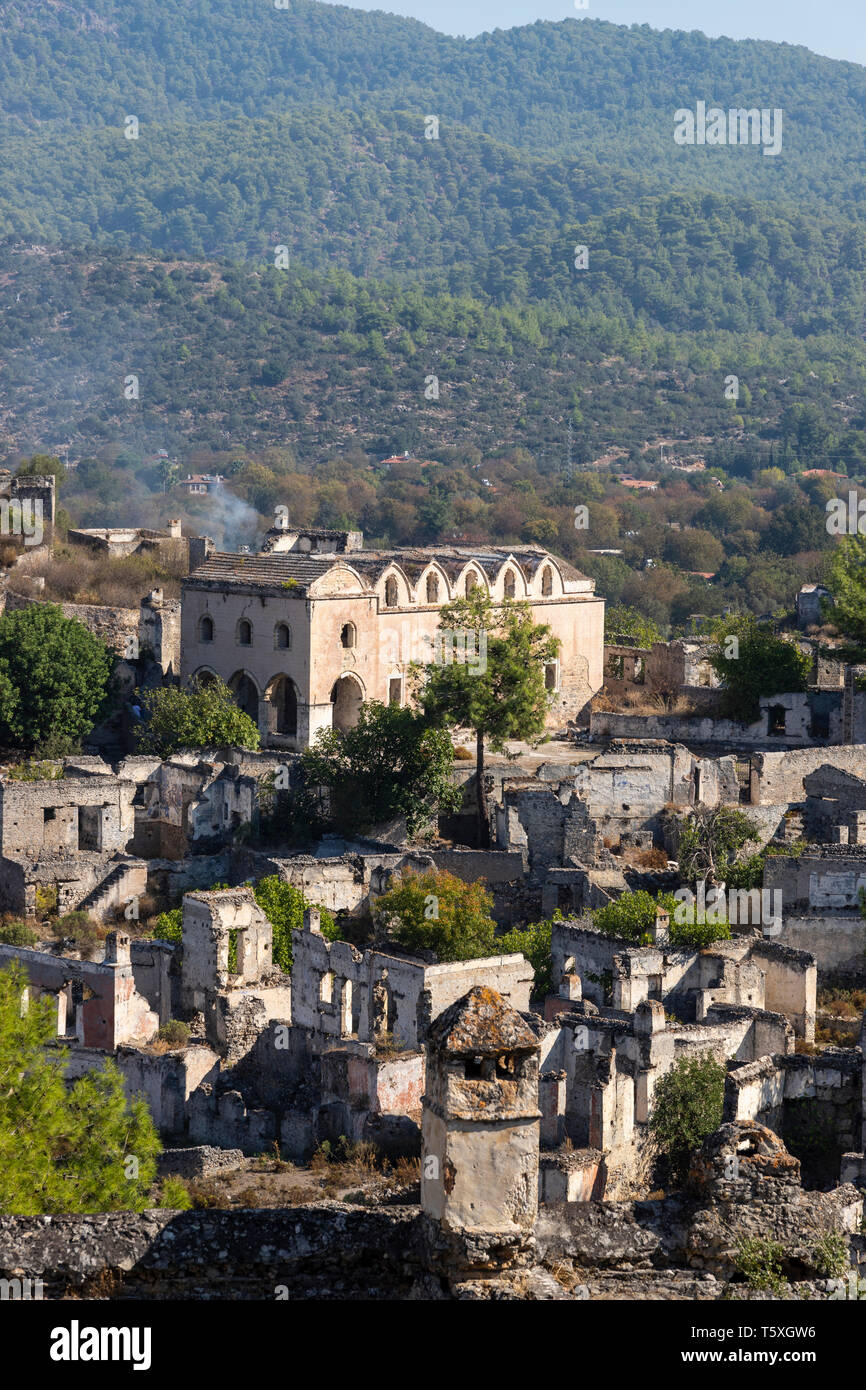 Die Türkei, Fethiye, Kayakoy (Mugla) Ghost Town, eine ehemalige griechische Kolonie und jetzt eine verlassene Stadt und Open Air Museum Stockfoto