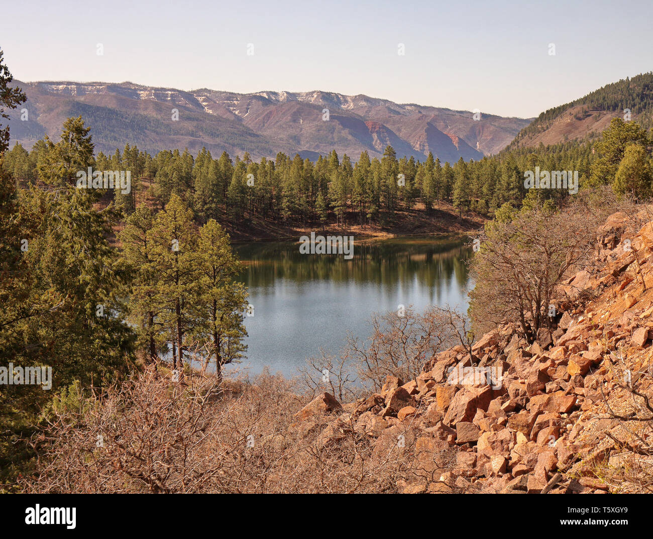 Blick von der Durango Silverton railway von einem Bergsee in den San Juan in den Rocky Mountains in Colorado, USA Stockfoto