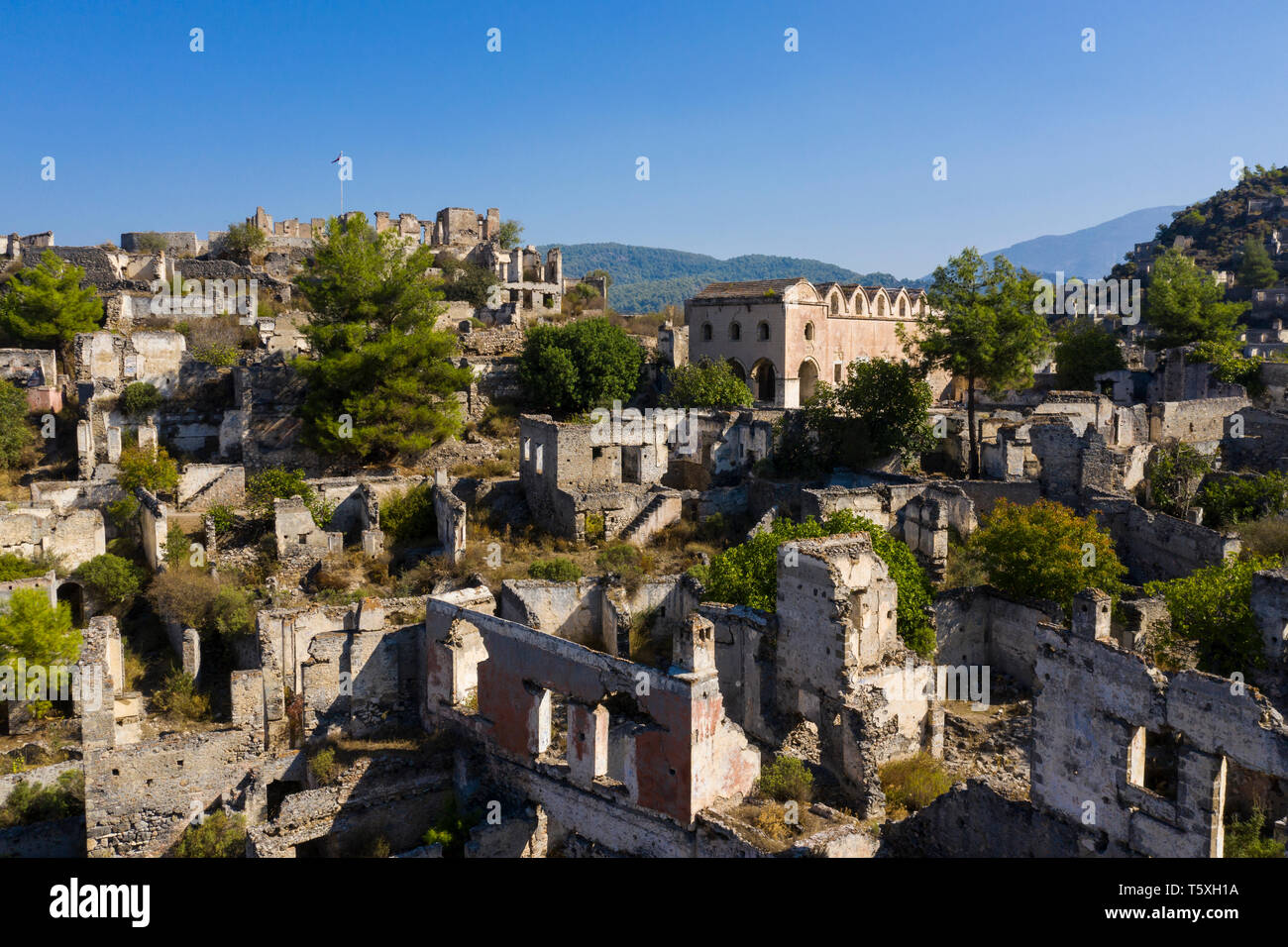 Die Türkei, Fethiye, Kayakoy (Mugla) Ghost Town, eine ehemalige griechische Kolonie und jetzt eine verlassene Stadt und Open Air Museum Stockfoto