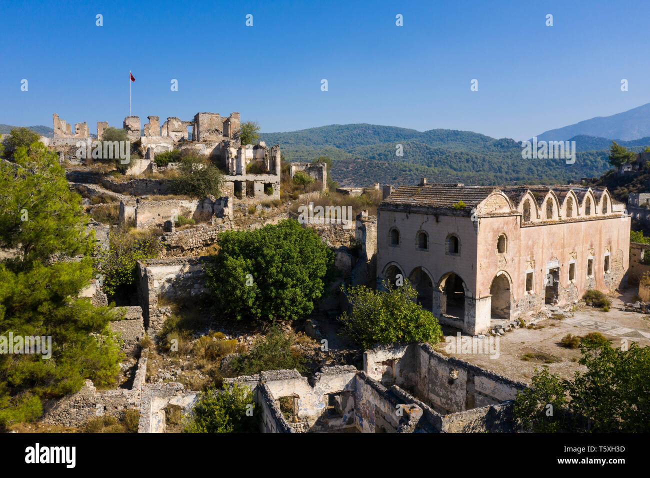 Die Türkei, Fethiye, Kayakoy (Mugla) Ghost Town, eine ehemalige griechische Kolonie und jetzt eine verlassene Stadt und Open Air Museum Stockfoto