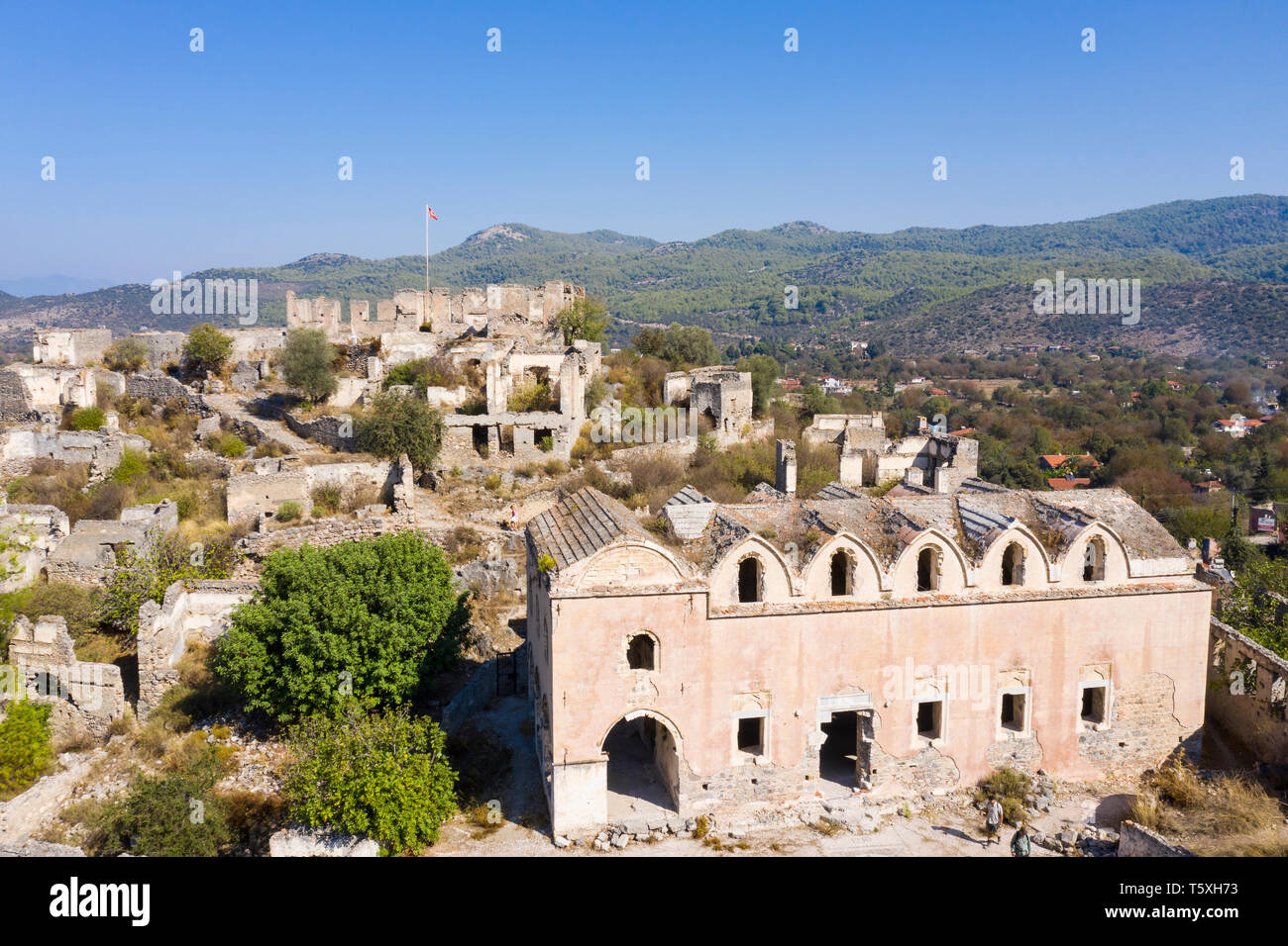 Die Türkei, Fethiye, Kayakoy (Mugla) Ghost Town, eine ehemalige griechische Kolonie und jetzt eine verlassene Stadt und Open Air Museum Stockfoto