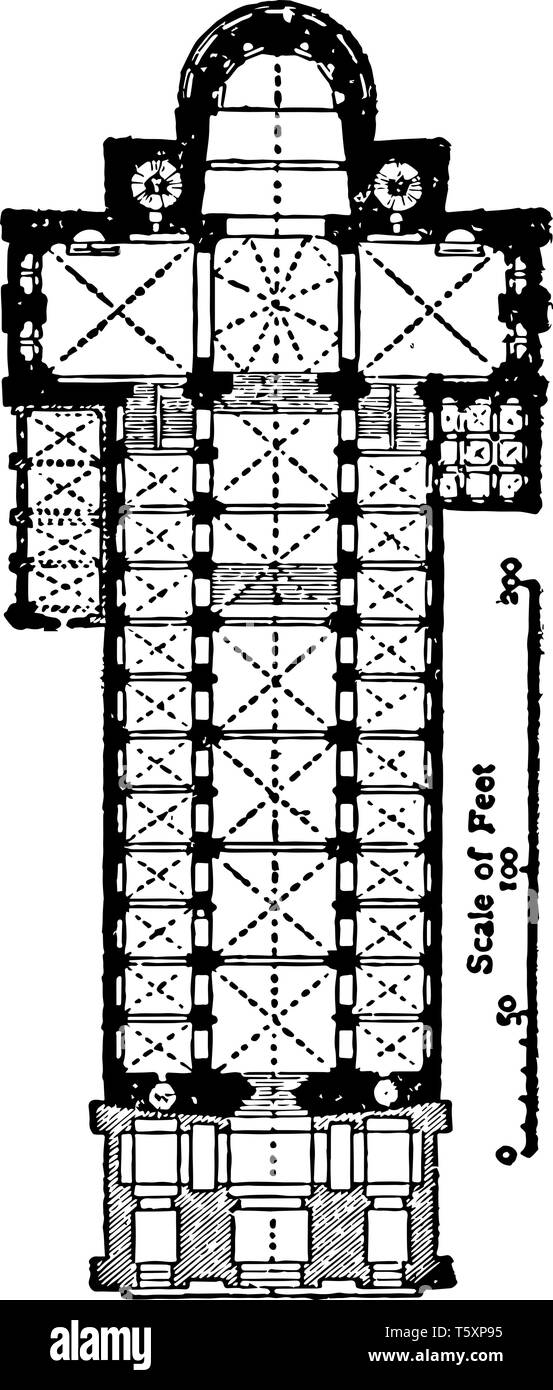 Plan der Dom zu Speyer 1030 bis 1061 gotischer Architektur in Deutschland Die Skala ist in Fuß offene Architektur Holz Dacheindeckung oder flachen Decken vintage li Stock Vektor