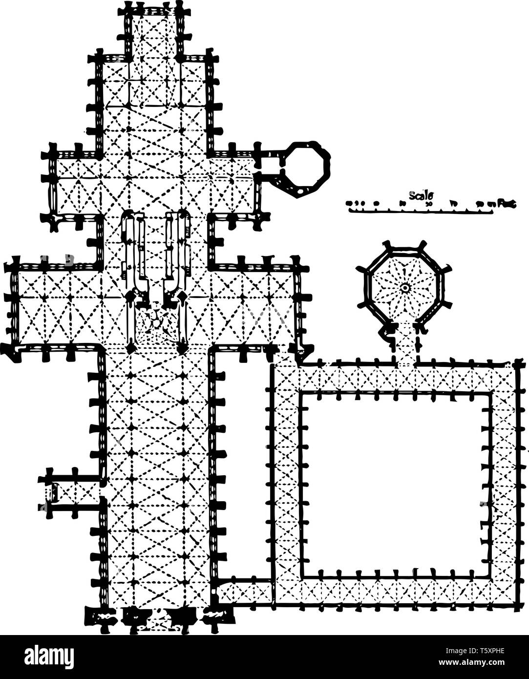 Plan der Kathedrale von Salisbury 1075 bis 1092 den östlichen Abschluss der weniger ehrgeizigen Höhe einfache Buttresssystem Englisch gotische Kathedrale vintage Stock Vektor