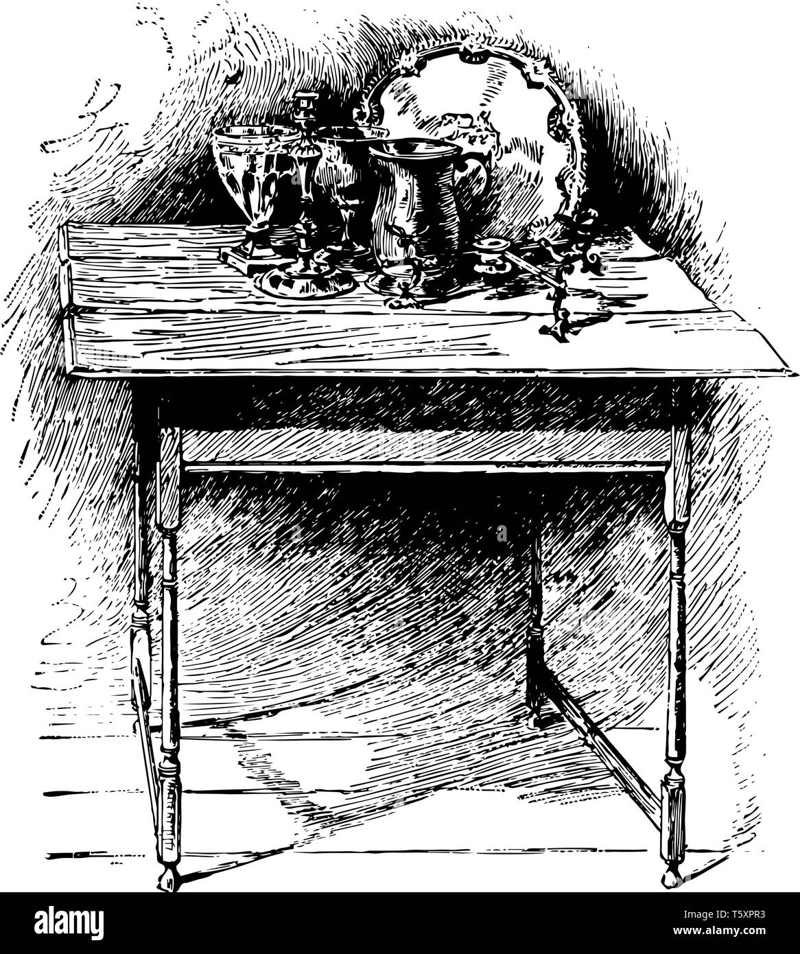 Präsident George Washington setzte sein Frühstück auf diesem Tisch vintage Strichzeichnung oder Gravur Abbildung zu essen. Stock Vektor