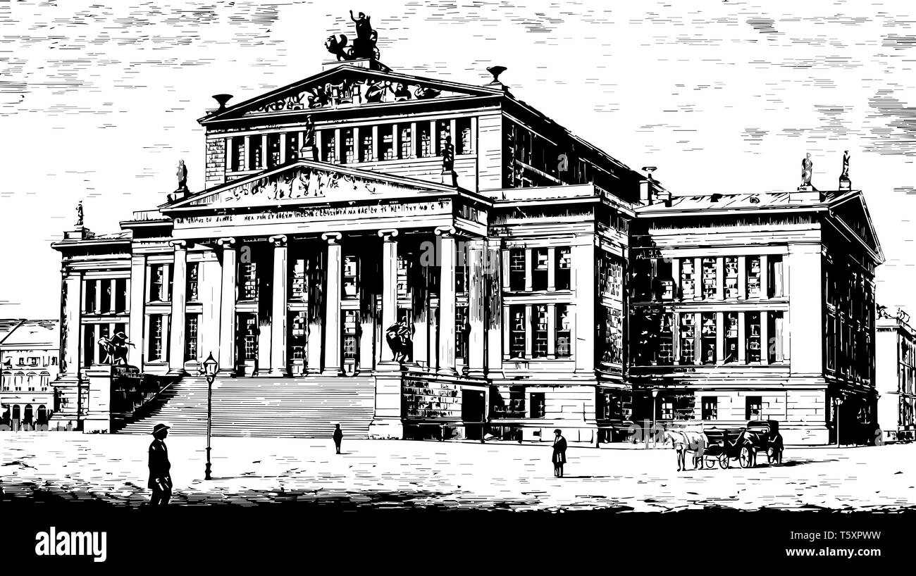 Theater in Berlin ist bemerkenswert für seine prächtigen Fassade ist es Zartheit und Eleganz in Details vintage Strichzeichnung oder Gravur Abbildung. Stock Vektor