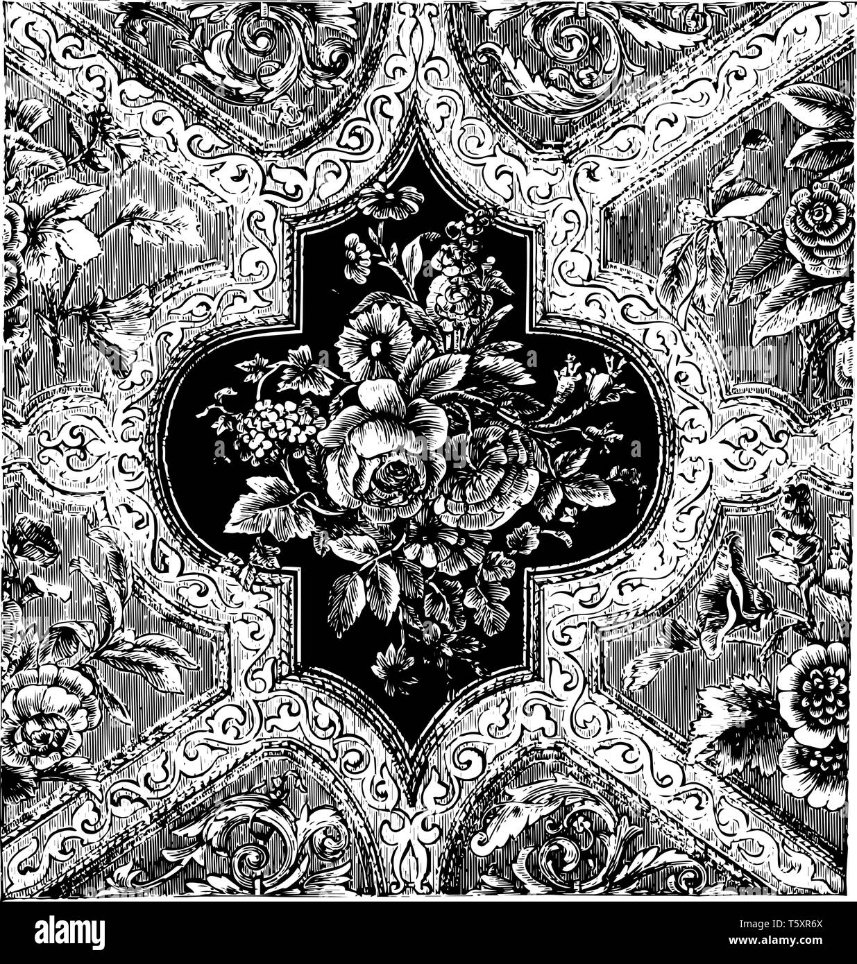 Teppich ist aus Samt in einem floralen Muster eingraviert, es ist ein in der Regel nicht größer als ein Einzelzimmer, vintage Strichzeichnung oder Gravur Abbildung Stock Vektor